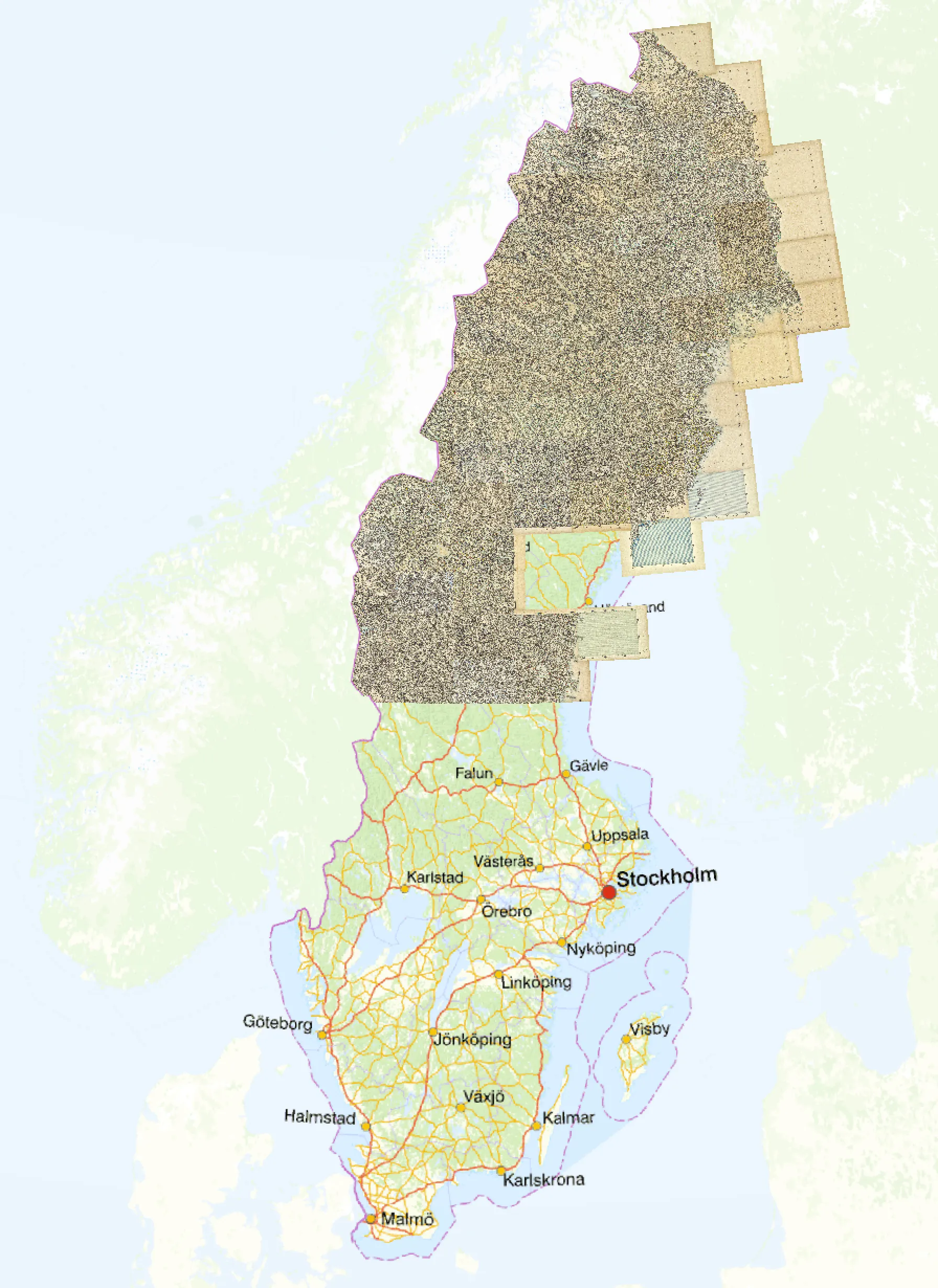 Clipped map sheets on top of the swedish map