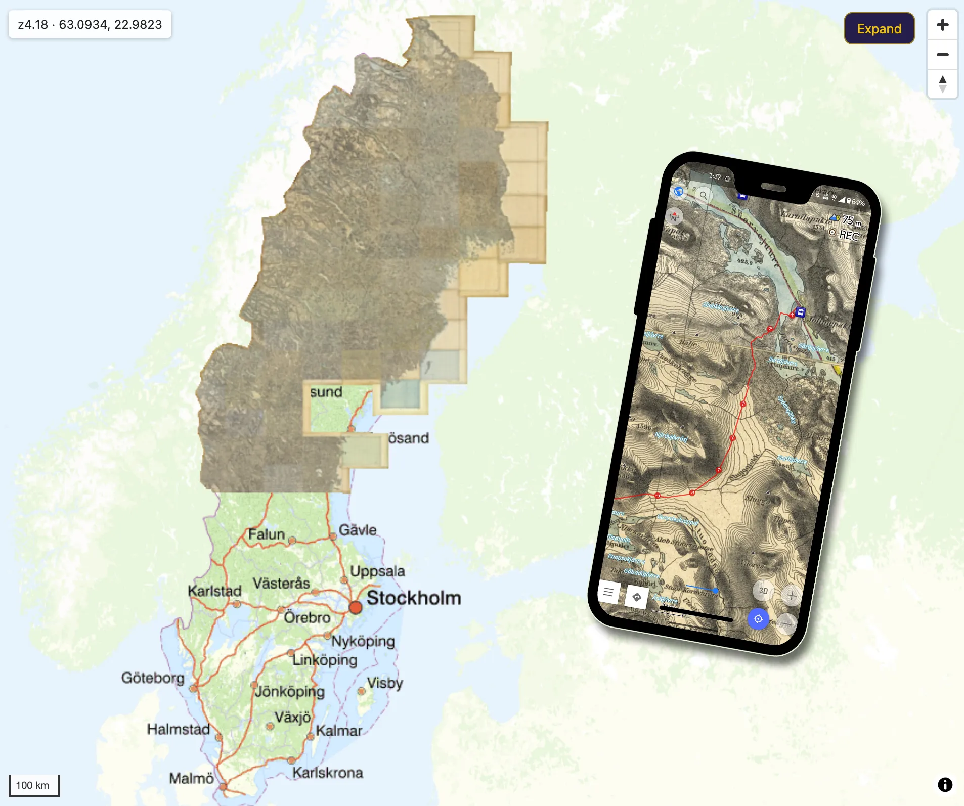 Old map screenshot on top of a modern map